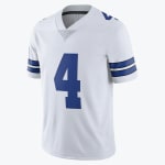 A white football jersey with a blue number 4 on the front and blue stripes on the sleeves, displayed against a white background.