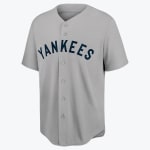 A grey New York Yankees baseball jersey with navy blue YANKEES lettering across the chest.