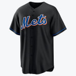 A black New York Mets baseball jersey with the blue, white, and orange Mets script logo on the front.