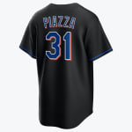 Back view of a black baseball jersey with PIAZZA and 31 in blue, orange, and white lettering.