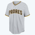 A white and black pinstriped San Diego Padres baseball jersey with brown and gold lettering and trim.
