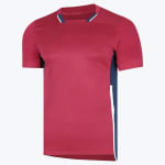 A maroon short-sleeve sports jersey with navy blue side panels, a white accent stripe, and a detailed collar, displayed against a white background.