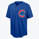 A royal blue Chicago Cubs button-down baseball jersey with the iconic red C and blue bear logo on the left chest, set against a white background.