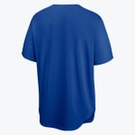 The back view of a plain royal blue baseball jersey with short sleeves and a curved hem against a white background.