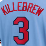 The back of a light blue baseball jersey featuring the name KILLEBREW and the number 3 in red with a dark blue border.