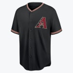 A black Arizona Diamondbacks baseball jersey with a burgundy and gold A logo on the left chest and matching trim on the collar and sleeves.