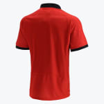 Back view of a red short-sleeved athletic polo shirt with a black collar and black sleeve cuffs, featuring a subtle geometric pattern on the shoulders.