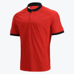 A red short-sleeved athletic polo shirt with a black collar and black sleeve cuffs on a white background.