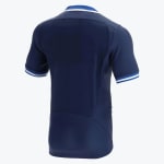 The back view of a navy blue short-sleeved athletic jersey with white and blue striped trim on the collar and cuffs, set against a white background.