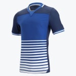 A short-sleeved sports jersey in shades of blue and white, featuring a striped lower half and solid blue upper section.