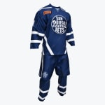 Full navy blue and white San Diego Central Jets ice hockey uniform consisting of a jersey, pants, and socks on a white background.