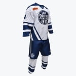 A white and navy blue ice hockey uniform for the San Diego Central Jets, including a jersey, shorts, and socks, displayed against a plain white background.