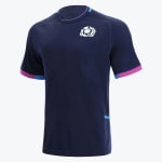 A navy blue Scotland Rugby training t-shirt with a white thistle logo on the chest and pink and blue sleeve trim, displayed against a white background.