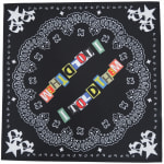 A black bandana with white paisley designs and the words I TOLD THEM printed in colorful, mismatched ransom-note style letters in the center.