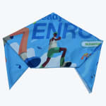 A folded blue bandana with a colorful graphic print of stylized runners against a blue sky background.