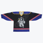 A black and blue hockey jersey laid flat, featuring a cartoon astronaut gorilla holding a banana on the front.