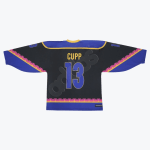 Back view of a black, blue, and yellow hockey jersey with CUPP and the number 13 printed on the back.