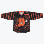 A black and orange hockey jersey featuring a cartoon mascot of an orange bag with a face, set against a background of orange paint splatters and stripes.