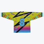 Back view of a bright yellow retro 90s-style jersey featuring a large light blue number 8, black diagonal stripes, and colorful geometric patterns.
