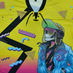 A yellow retro-style jersey featuring a cartoon skeleton character in 80s attire, including shutter sunglasses and a blue jacket, surrounded by colorful geometric patterns.
