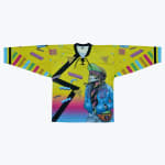 A bright yellow hockey jersey with a retro 80s design featuring a skeleton character in a blue jacket and sunglasses, surrounded by colorful geometric shapes and stripes.