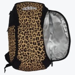 An Addos backpack with a leopard print pattern, featuring an open side zipper pocket that reveals a silver insulated lining.