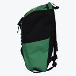 Side view of a green and black backpack with adjustable straps on a white background.