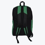 The back view of a black and green backpack with padded shoulder straps, a sternum strap, and a top handle, isolated on a white background.