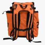 Back view of an orange sports backpack with black padded shoulder straps, a chest buckle, and fence hooks on a white background.