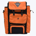 A front view of an orange and black backpack featuring a cowboy bandit logo on the top flap and a lightning bolt logo on the middle pocket.