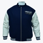A navy blue and off-white varsity jacket with a zipper closure and URBANO All Stars embroidered on the chest.