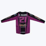 Back view of a purple and black long-sleeved motocross jersey with A. AGUIAR and the number 21 printed on the back, along with sponsor logos like FanaticMotos.