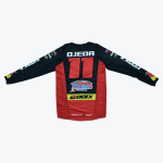 Back view of a black and red custom motocross jersey with OJEDA 11 and sponsor logos printed on it.