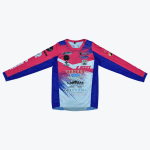 A long-sleeved sports jersey in pink, blue, and white, adorned with multiple sponsor logos, laid flat on a white background.