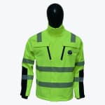 A neon yellow high-visibility work jacket with reflective silver stripes and black accents, shown on a black mannequin against a plain white background.