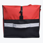 A red and black insulated delivery bag with a central zipper and a reflective silver handle on the front, isolated on a white background.