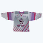 A grey, pink, and purple roller hockey jersey featuring a cartoon sauce can mascot holding a hockey stick, the text GET SAUCY, and a Roller Fights Cancer logo.