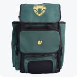 A front-facing view of a dark green and black backpack with a yellow snake logo on the top flap and a yellow lightning bolt U logo on the middle pocket, set against a plain white background.