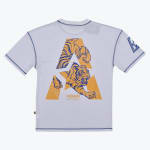 Back view of a white short-sleeve t-shirt featuring a large orange letter A with a blue and orange tiger graphic and the text URBANO All Stars below it.