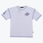 A flat-lay view of a white t-shirt with blue contrast stitching, a chest graphic reading URBANO 2001, and a sleeve logo.