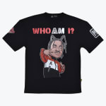 A black t-shirt with a cartoon caricature of a man with braided hair and the text WHO AM I printed on the front.