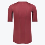 Back view of a maroon short-sleeve athletic compression shirt with a breathable mesh panel down the spine.