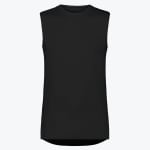 A solid black sleeveless muscle shirt with a crew neck on a white background.