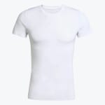 A slim-fit white short-sleeved crew neck t-shirt on a white background.