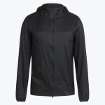 A front-facing studio shot of a black hooded windbreaker jacket with a full zipper on a white background.