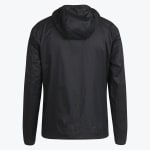 Back view of a solid black hooded windbreaker jacket with long sleeves and a clean back design, displayed against a white background.