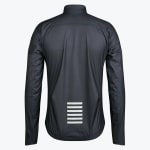 The back view of a dark grey long-sleeve cycling jacket featuring a reflective six-stripe design on the lower back, set against a plain white background.