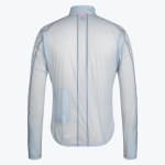 The back view of a light blue, semi-translucent cycling jacket with a central vertical reflective stripe and a small zippered pocket on the lower left.