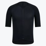 A front view of a solid black, short-sleeved cycling jersey with a full zipper and textured sleeves against a white background.