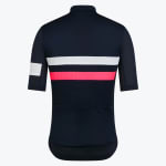 Back view of a navy blue short-sleeve cycling jersey featuring a white and a pink horizontal stripe across the back, a white band on the left sleeve, and three rear pockets.